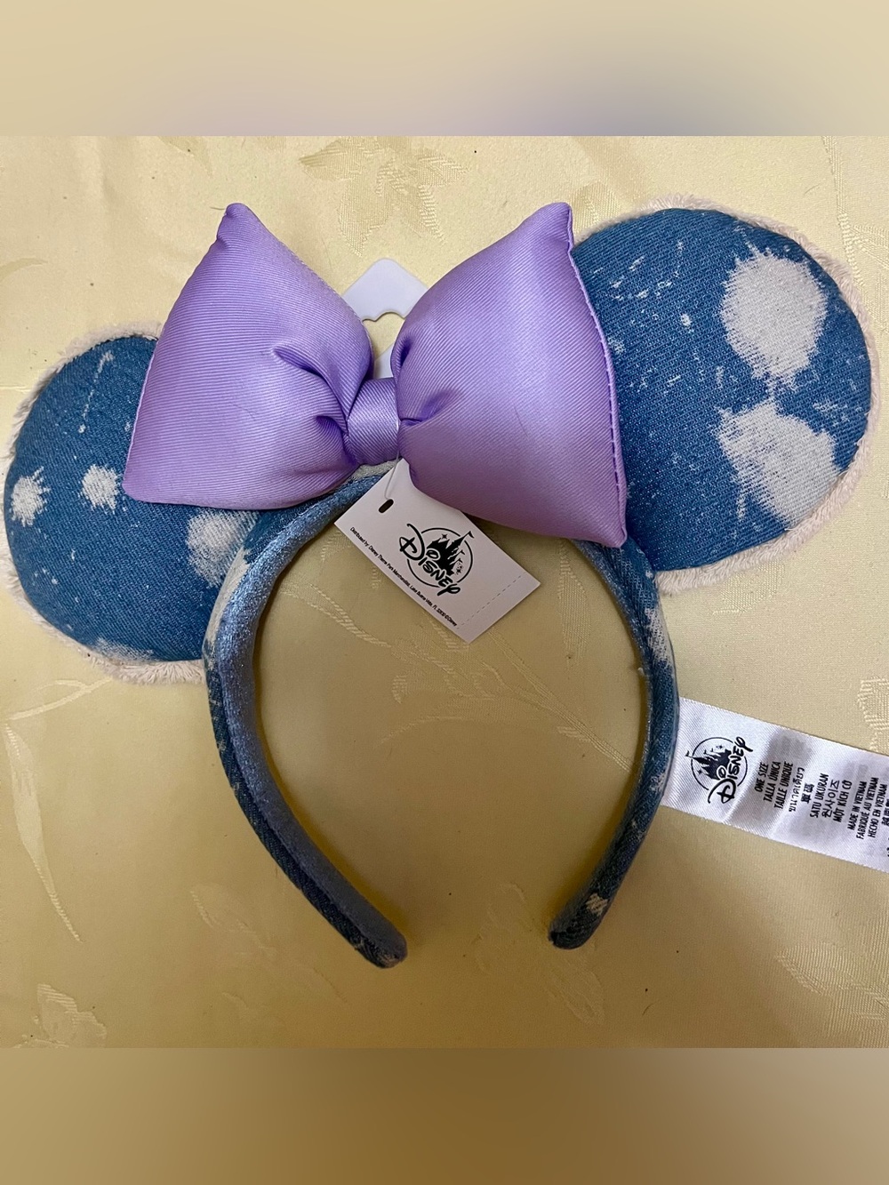 Disney Blue and white Denim Minnie Ears Headband with Purple Bow NWT